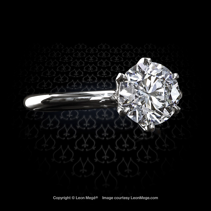 Leon Mege challenges inferior Tiffany solitaire with his handmade six prong Tulip solitaire