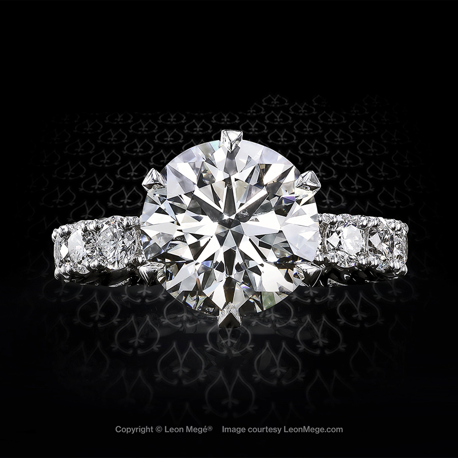 Custom made six prong solitaire ring, featuring 3.57 carat round diamond by Leon Mege