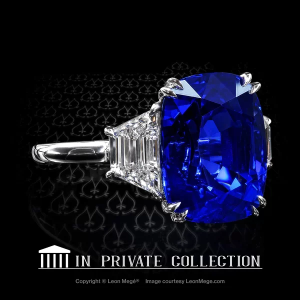 Leon Megé “Royal Blue” Burma sapphire in a bespoke three-stone ring with diamond trapezoids r7508