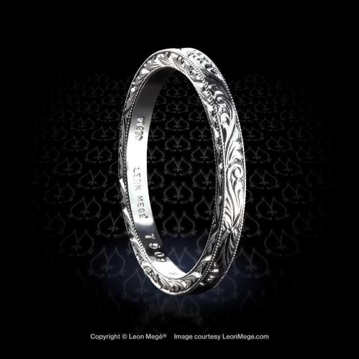 Leon Mege hand engraved platinum wedding band with antique pattern on all three sides