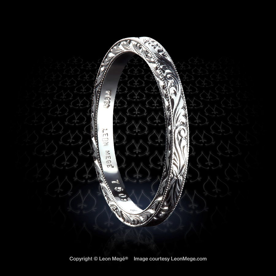 Leon Megé Deco-style platinum wedding band with hand-engraving and millgrain on all three sides r7509