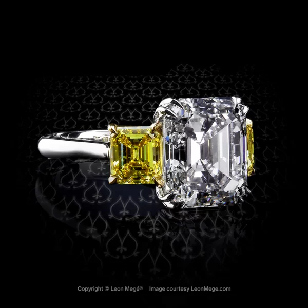 Leon Megé bench-made three-stone ring with a Krupp-cut diamond and vivid-yellow emerald cuts r7521
