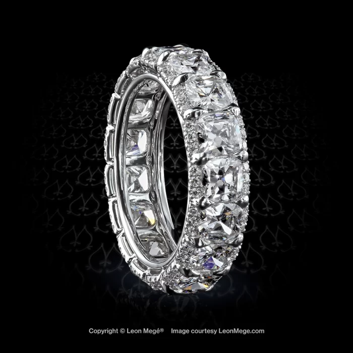 Leon Mege eternity wedding band with true antique cushion diamonds and micro pave border set into hand forged platinum wire mounting