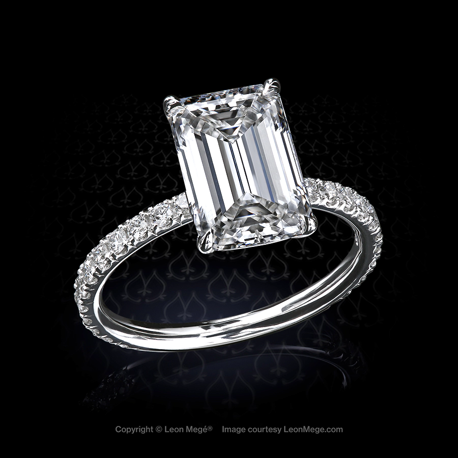 Leon Megé 401™ bespoke precision-forged engagement ring with a natural emerald cut diamond and micro pave diamonds on the shank r7943