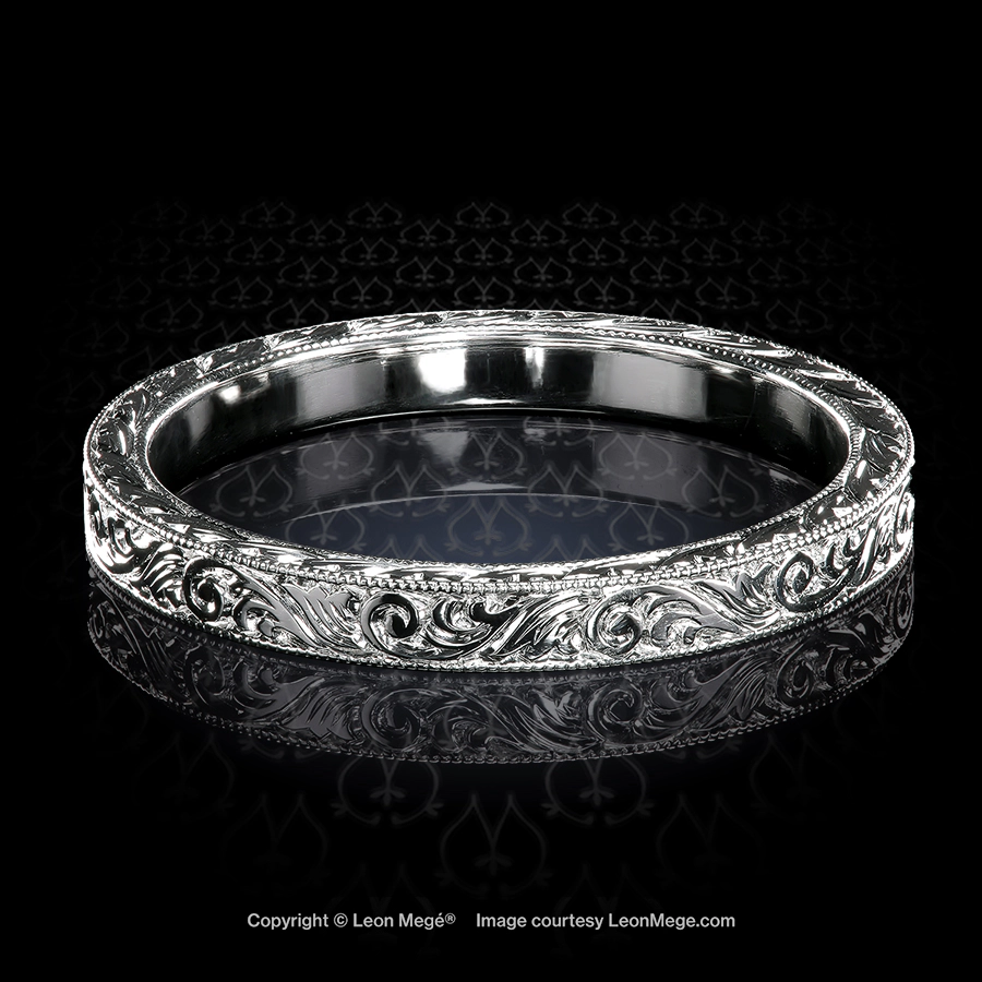 Leon Megé Deco-style platinum wedding band with hand-engraving and millgrain on all three sides r7509