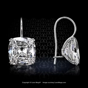Baby twins true antique cushion diamonds bespoke pair of drops with 12.03 and 12.04 carat diamonds by Leon Mege
