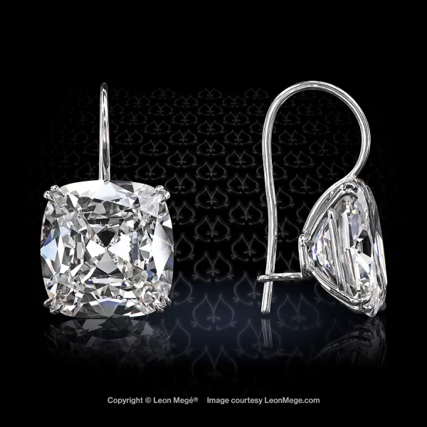 Baby twins true antique cushion diamonds bespoke pair of drops with 12.03 and 12.04 carat diamonds by Leon Mege