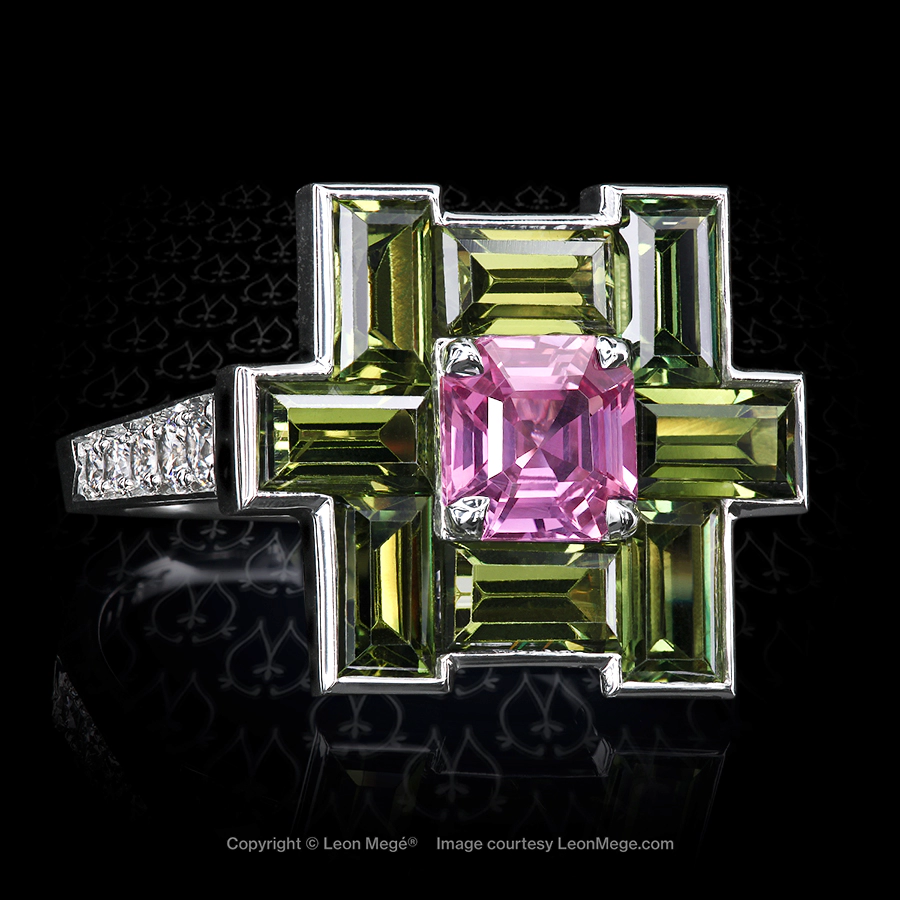 Magic fern sapphire ring with green and pink natural sapphires and diamonds by Leon Mege.
