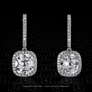 Leon Megé bespoke ear drops with True Antique™ cushion diamonds in a micro pave halo e7568