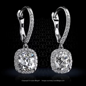 Leon Megé ear drops featuring a pair of True Antique™ cushion diamonds in micro pave halos e7854