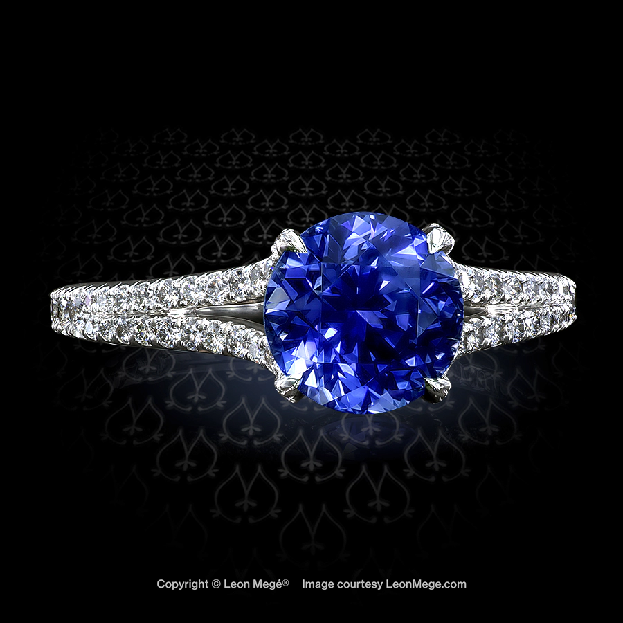 Leon Megé elegant right-hand ring with a natural round sapphire on a micro pave split shank r7411