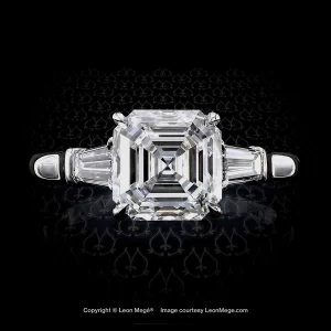 Leon Mege platinum bespoke three-stone ring with an Asscher cut diamond and tapered baguettes r7415