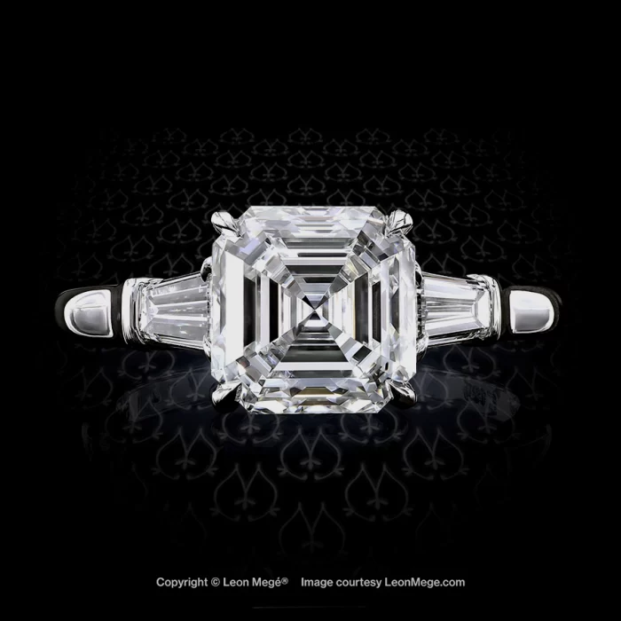 Classic three-stone ring, featuring 2.63 carat asscher diamond and tapered baguettes by Leon Mege