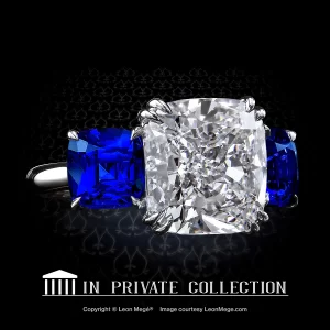 Leon Mege classic three-stone ring featuring a cushion diamond and blue sapphires side stones r7522