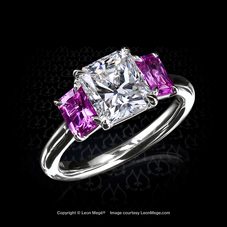 Classic three-stone ring with 2.05ct radiant cut diamond and pink sapphires by Leon Mege