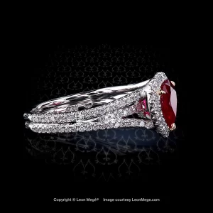 Custom made halo ring with 2.02 carat heart shaped Burma pigeon blood ruby by Leon Mege.