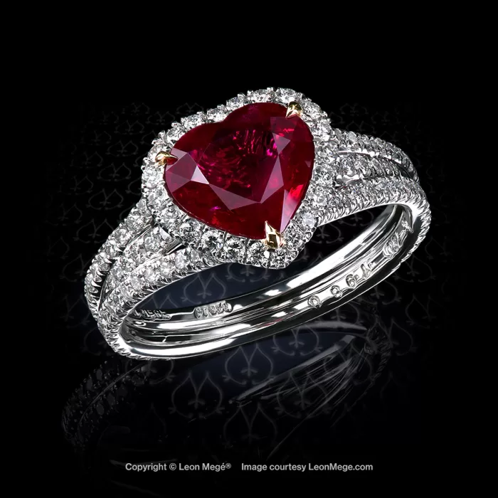 Custom made halo ring with 2.02 carat heart shaped Burma pigeon blood ruby by Leon Mege.