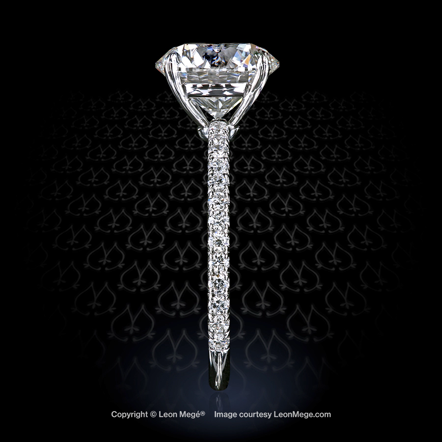Leon Megé 401™ solitaire with an ideal cut round diamond cradled in micro pave mounting r7992