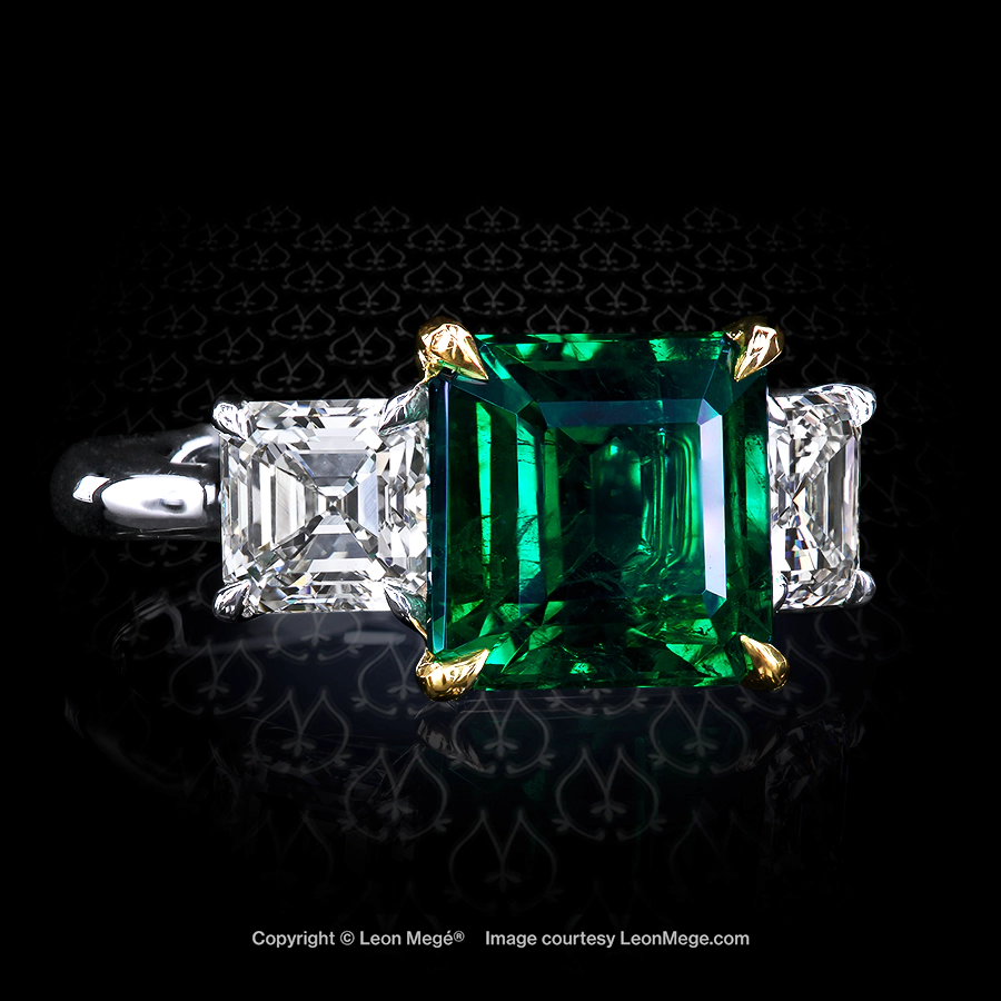 Leon Megé three-stone ring with a Colombian emerald and square emerald-cut diamonds r8000