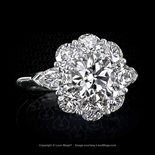 Leon Mege hand forged Cluster ring featuring 2.03 carat round diamond with round diamonds and pear shape diamonds