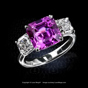 Classic three-stone ring, featuring 4.67 carat asscher cut pink sapphire by Leon Mege