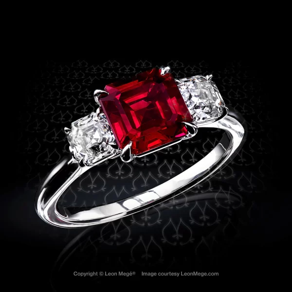 Classic three-stone ring featuring 2.06 carat asscher ruby by Leon Mege