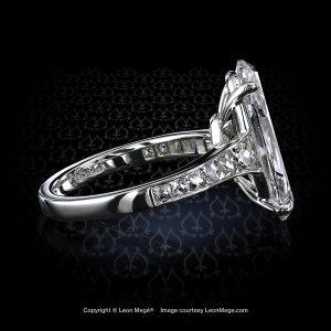 Custom made ring with 5.04 carat D/VS1 oval - moval diamond and layout of French cut diamonds by Leon Mege.