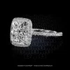 Modern cushion diamond with micro pave halo with small diamonds on the shank in platinum engagement ring by Leon Mege