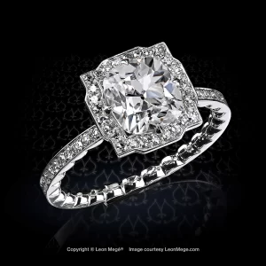 Leon Megé Art Deco style ring with a True Antique™ cushion diamond and bright-cut pave r8126