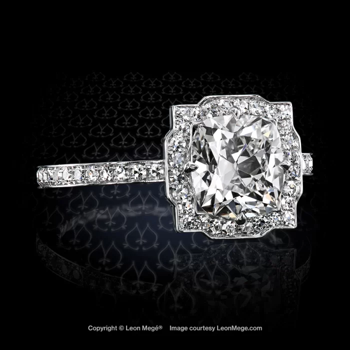 Leon Megé Art Deco style ring with a True Antique™ cushion diamond and bright-cut pave r8126