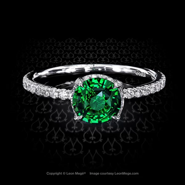 Leon Mege round tsavorite micro pave platinum ring with four prongs
