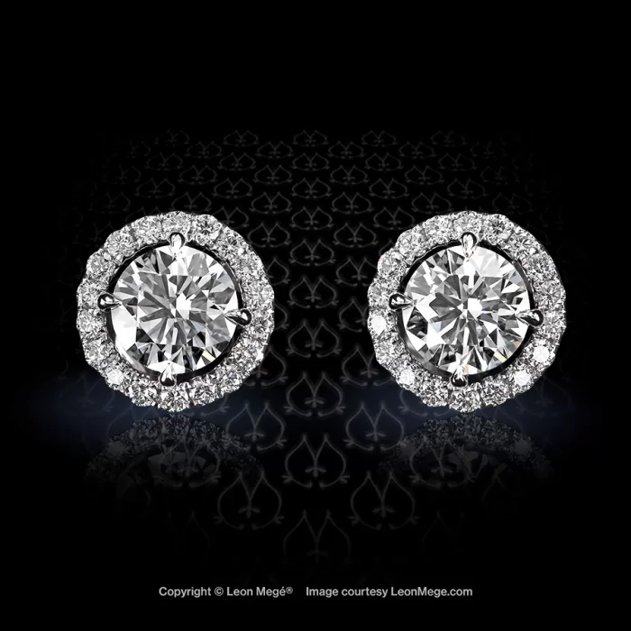 Leon Megé platinum four-prong studs with round diamonds and micro pave jackets e8027