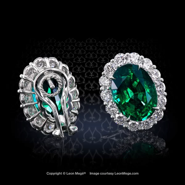 Leon Megé bespoke platinum ear clips with oval Colombian emeralds in a cluster of diamonds e8155