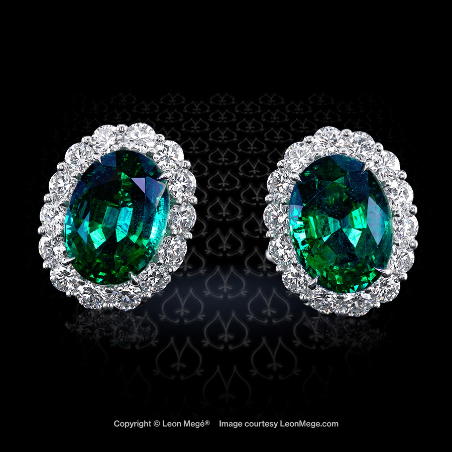 Leon Megé bespoke platinum ear clips with oval Colombian emeralds in a cluster of diamonds e8155