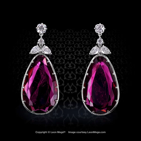 Table-cut rubellite tourmalines with diamonds chandeliers earrings by Leon Mege