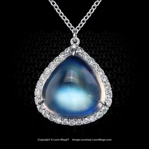 Blue moonstone necklace with diamond micro pave halo handmade in platinum by Leon Mege