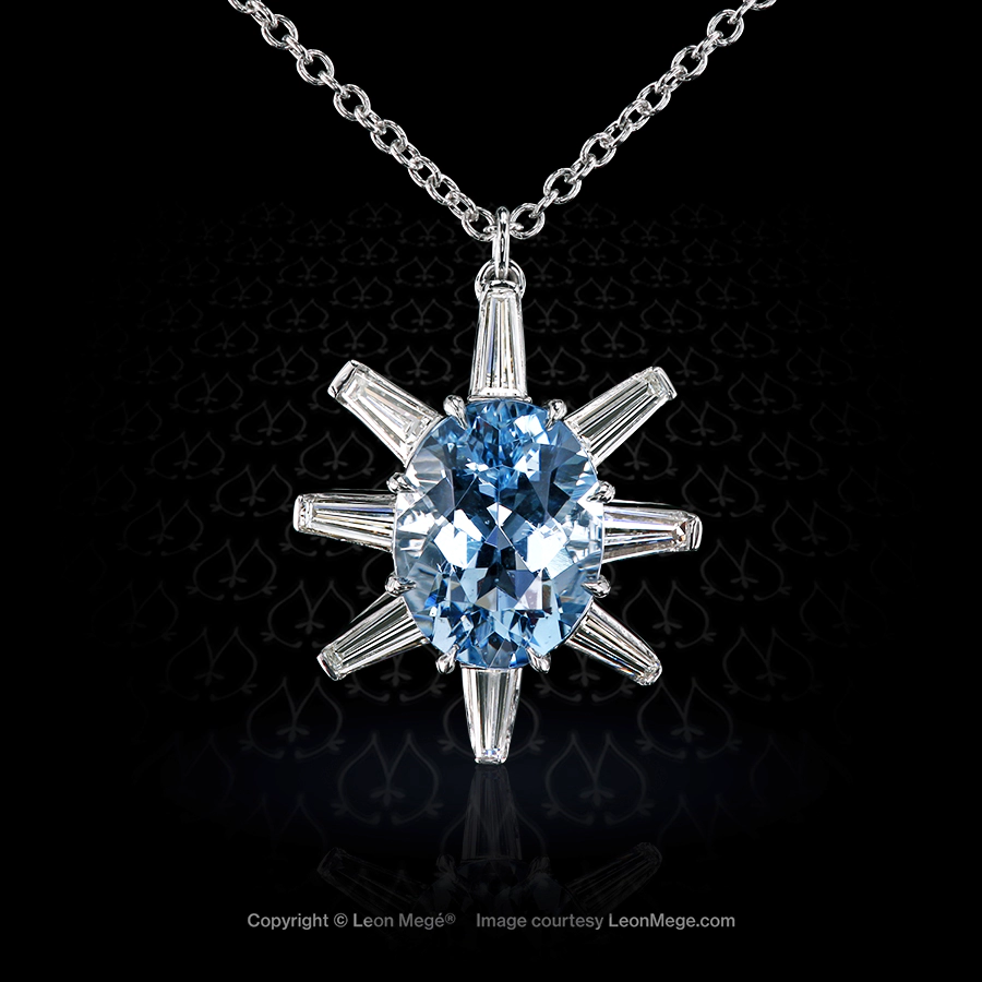 Leon Mege bespoke handmade Polar Star aquamarine pendant with diamond baguettes in platinum p8256