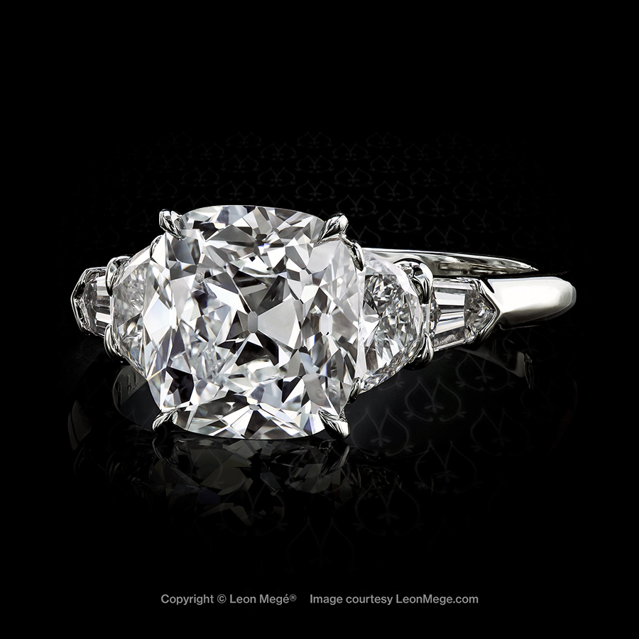 Leon Mege exclusive five-stone diamond ring with True Antique cushion diamond and half-moon diamonds and diamond bullets set in platinum