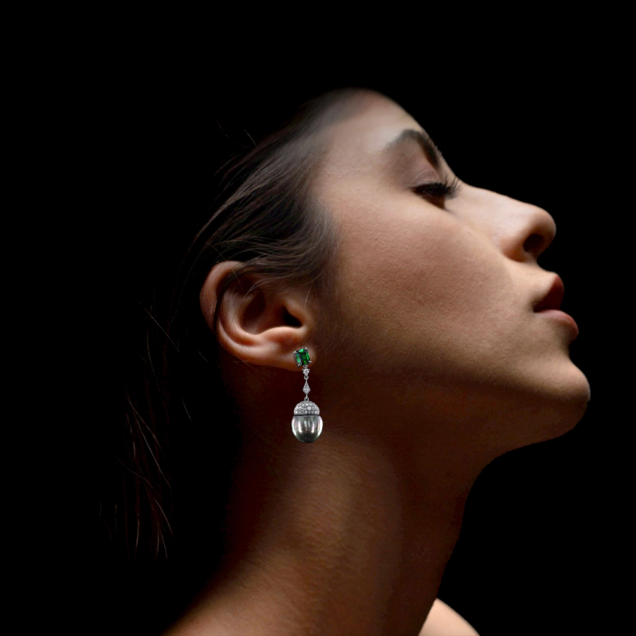Leon Megé micro pave ear drops with vivid green tsavorite garnets and silver-grey pearls e8257