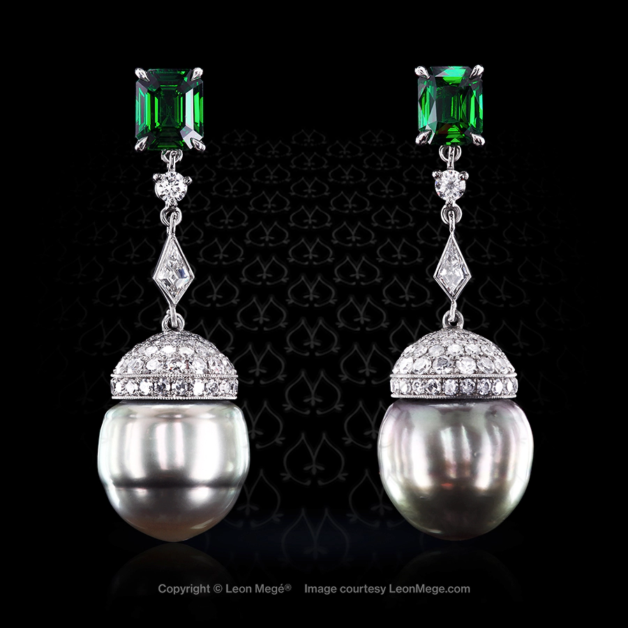 Leon Megé micro pave ear drops with vivid green tsavorite garnets and silver-grey pearls e8257