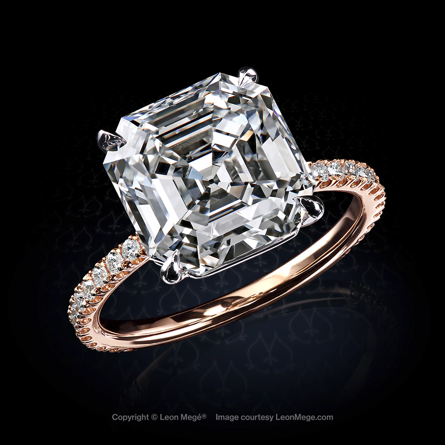 Leon Mege bespoke engagement ring with 8 carat Asscher cut diamond in platinum and 18K rose gold with micro-pave