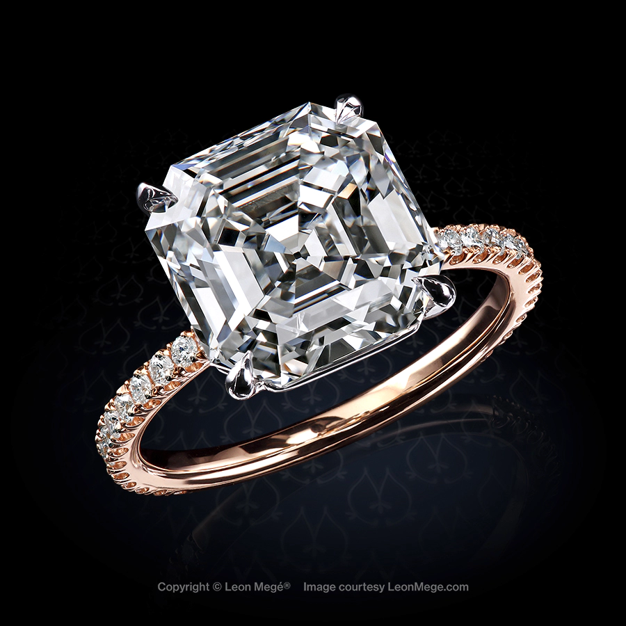 Leon Mege 401™ micro pave solitaire with an Asscher cut diamond in rose gold and platinum r8106