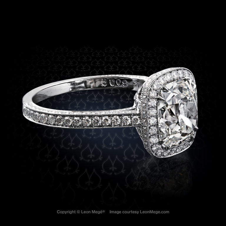 Leon Mege Heidy™ engagement ring featuring a True Antique™ cushion diamond wrapped in bright-cut diamond pave r5009