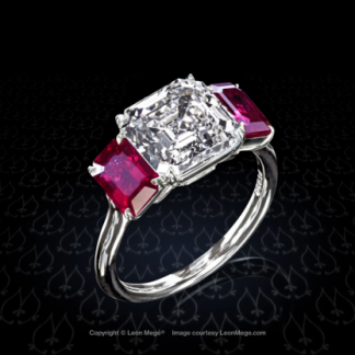 Leon Megé precision-forged three-stone engagement or right-hand ring with an Asscher cut diamond and emerald-cut natural rubies r7537