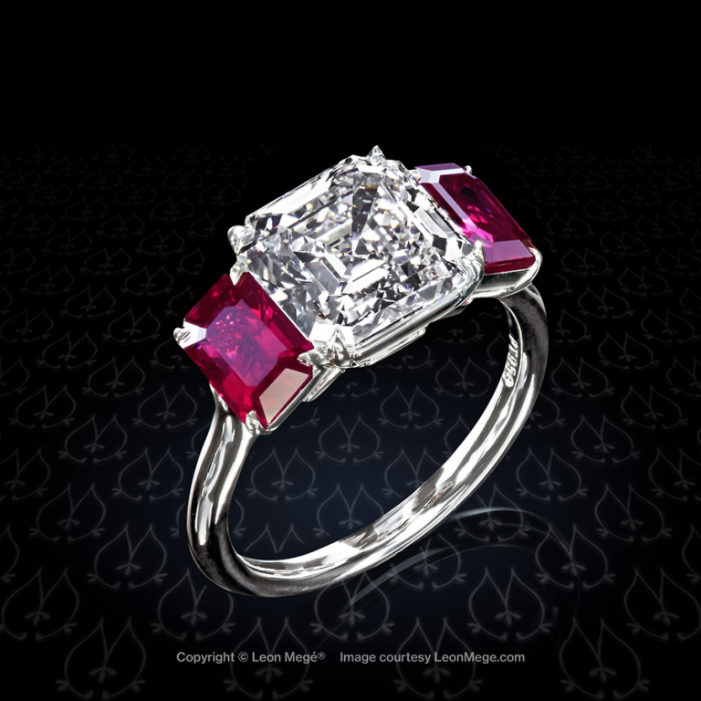 Three stone bespoke engagement ring with Asscher cut diamond and two natural rubies in yellow gold and platinum by Leon Mege