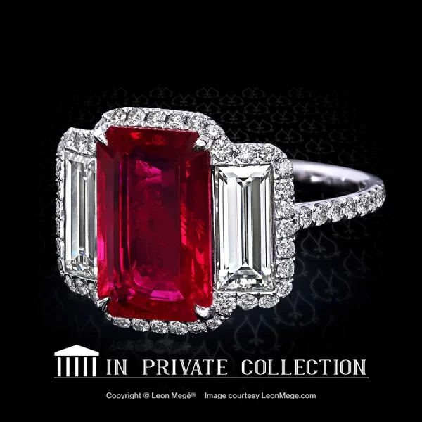 Montpassier™ three-stone ring, featuring 5.09 carat emerald cut ruby by Leon Mege.