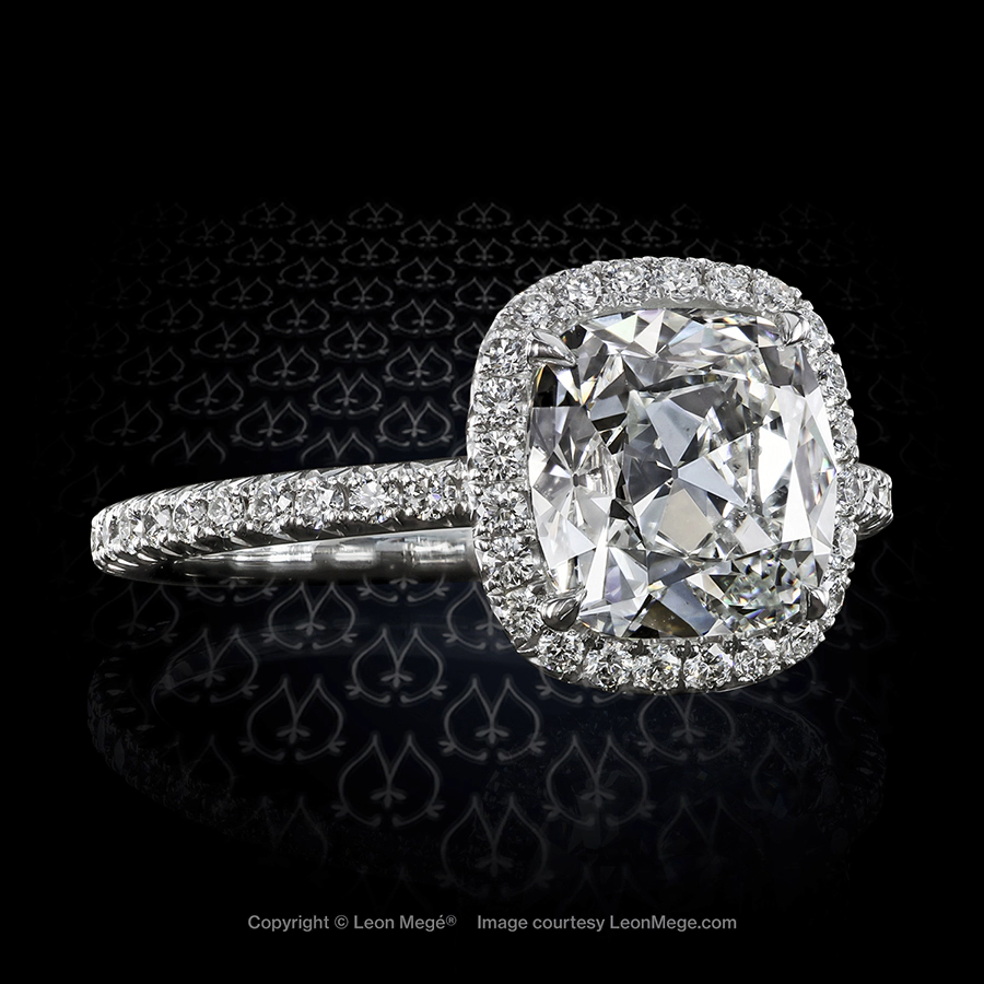 Leon Megé 811™ engagement ring with a True Antique cushion diamond in a diamond halo r7481