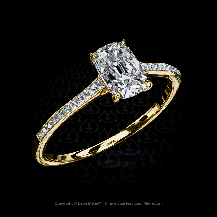 Feminine and dainty Leon Megé yellow gold solitaire with a True Antique™ cushion diamond r7518