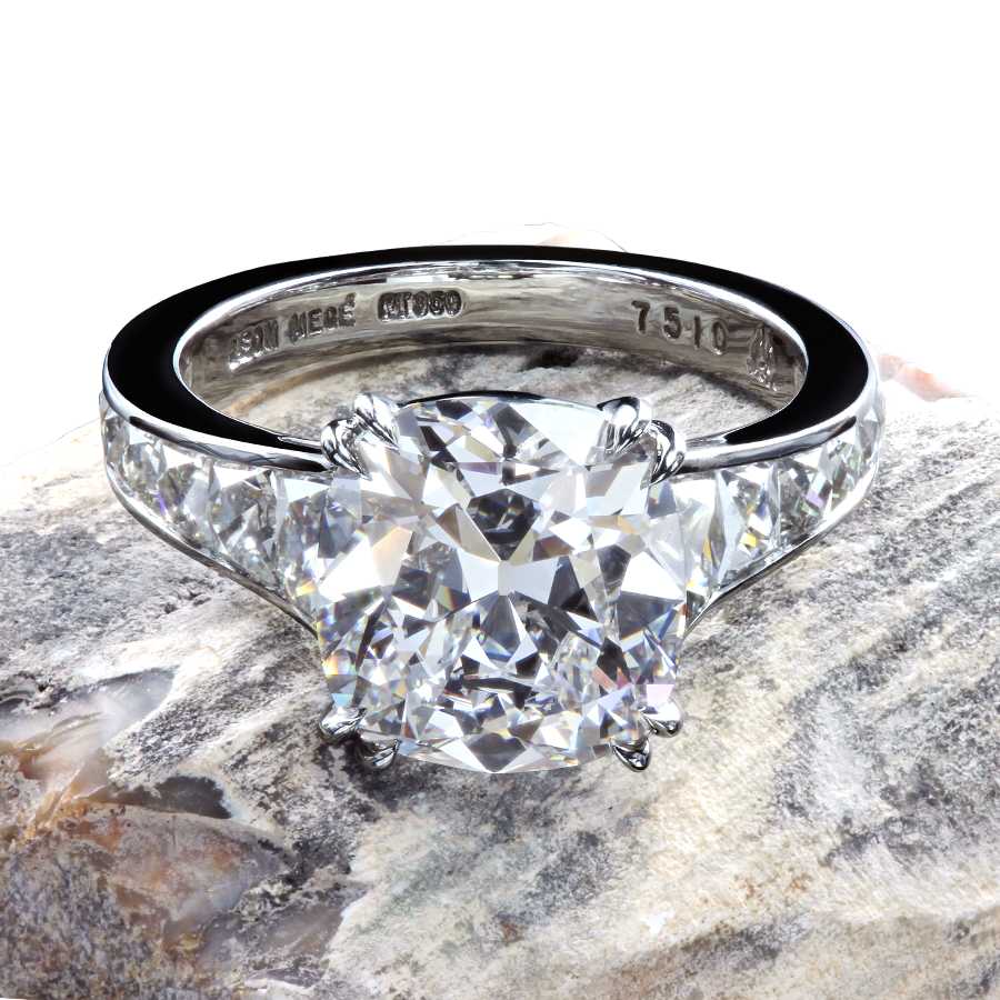 Leon Mege Mon Cheri diamond ring with French cuts and True Antique cushion diamond
