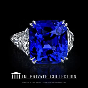 Natural Kashmir sapphire with diamond half-moons and step-cut bullets five-stone ring by Leon Mege.